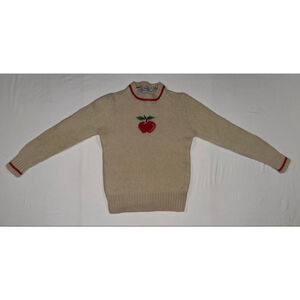 Vintage Jade M Girls Youth Wool Apple Sweater Cream Red Cottagecore Knit Retro